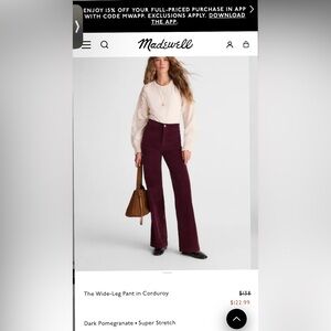Madewell Dark Pomegranate Wide Leg Corduroy Pants
